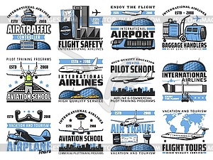 Airport and aviation flight service icons - vector image