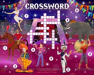 Shapito circus performers, crossword worksheet - vector image