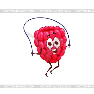 Cartoon funny raspberry with jump skipping rope - vector image
