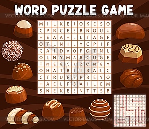 Chocolate candies, sweets word search puzzle game - vector clipart