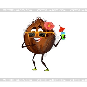 Cartoon funny coconut character with cocktail - vector clipart