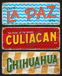 La Paz, Culiacan, Chihuahua city travel plates - royalty-free vector clipart