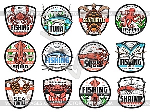 Fishing sport badges with fish, seafood, tackle - vector clipart