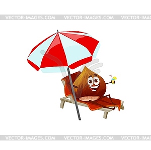 Cartoon hazelnut character relax on beach lounger - vector image