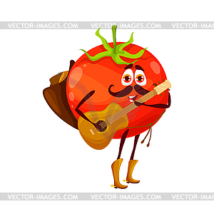 Cartoon funny cowboy sheriff tomato playing guitar - vector clipart