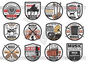 Music festival, instruments shop and school icons - vector image