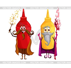 Cartoon ketchup and mustard wizard characters - vector image
