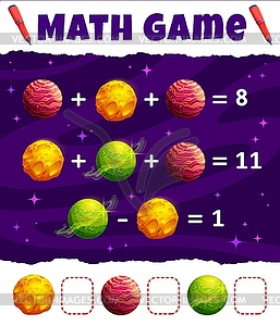 Math game worksheet, cartoon space planets, stars - vector image