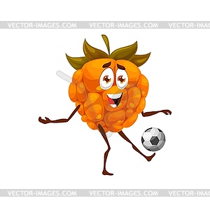 Cartoon cloudberry fruit playing football - vector clipart