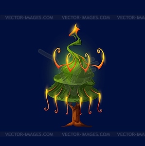 Cartoon alien green tree with spikes, fantasy - color vector clipart