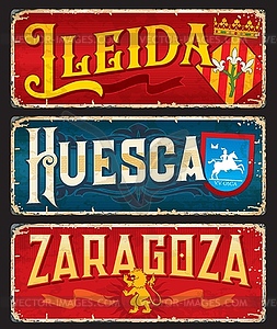 Lleida, Huesca, Zaragoza spanish city travel plate - vector clipart