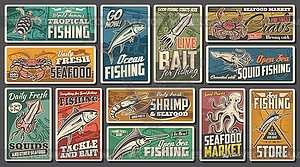 Sea fishing equipment shop, seafood market posters - vector clipart