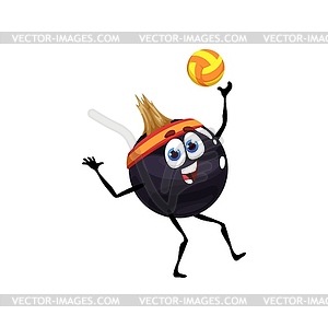 Cartoon black currant with volleyball ball, game - vector clip art