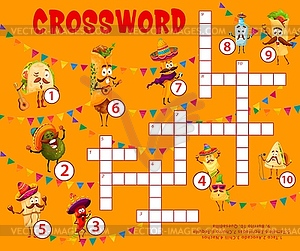 Cartoon mexican tex mex food characters crossword - color vector clipart