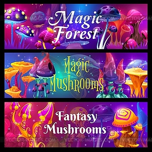 Magic luminous mushrooms in fairytale forest - vector clipart