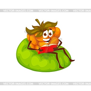 Cartoon cloudberry berry character reading book - vector clip art