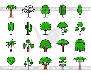 Green tropical trees icons, beach or jungle forest - vector clip art