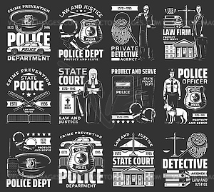 Law and order icons monochrome signs set - vector clipart