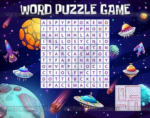 Ufo, spacecraft and starship in galaxy word puzzle - vector image