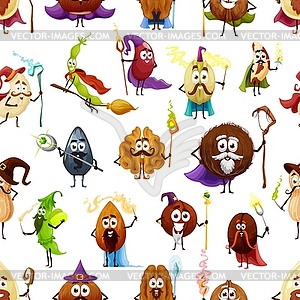 Cartoon nuts, beans wizards and mages pattern - vector image