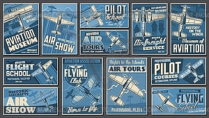 Pilot school, flight club, air show retro banners - vector clip art