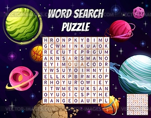 Galaxy space planets, word search puzzle game - vector clipart / vector image