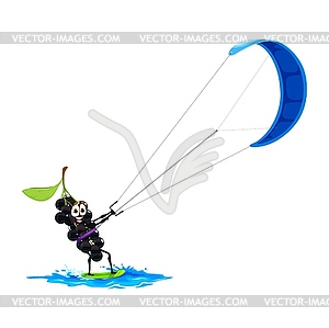 Cartoon bird cherry character on kitesurfing sport - vector clipart