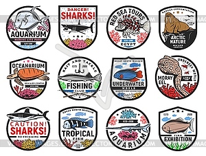 Tropical sea fishes and ocean animals icons set - vector image