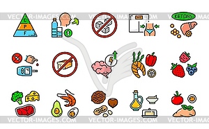 Keto, ketogenic diet nutrition icons, healthy food - vector image