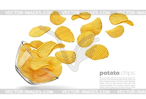 Flying ripple potato chips and glass bowl, food - vector clipart