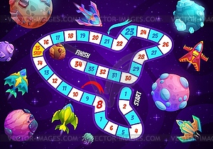 Kids step board game with galaxy planet, starship - vector image