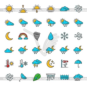 Weather forecast color outline icons, meteorology - vector image