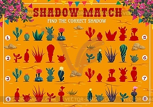 Shadow match game worksheet with mexican cactuses - vector image