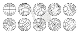 3d globe grid, planet sphere and ball wireframe - vector clipart