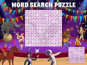 Shapito circus performers word search puzzle game - vector image