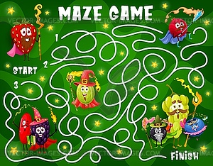 Labyrinth maze with cartoon berry wizard character - vector clipart