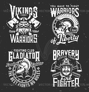 Tshirt prints viking, gladiator and fire fighter - vector clipart