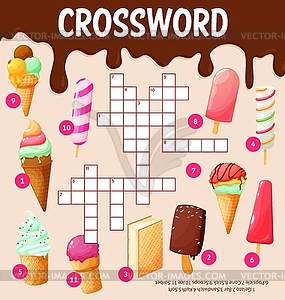 Cartoon ice cream desserts, crossword worksheet - vector image