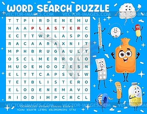 Cartoon pills characters word search puzzle game - vector clipart