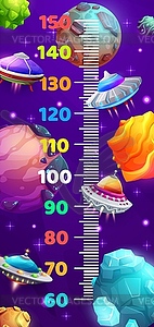 Kids height chart, cartoon galaxy starships, space - vector clip art