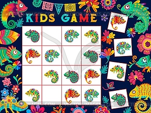 Kids sudoku game with mexican chameleons, flowers - vector image