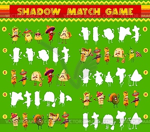 Cartoon Mexican food characters, shadow match game - vector clip art