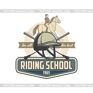 Ретро-значок школы верховой езды с лошадью и жокеем - векторное изображение клипарта