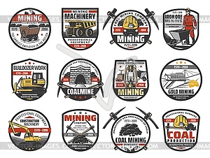 Coal mining industry equipment and tools icons - vector clipart