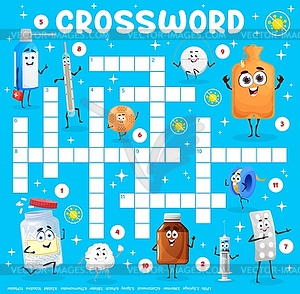 Crossword game worksheet grid, cartoon medications - vector clip art