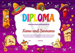 Diploma with cartoon tex mex mexican food - vector clipart