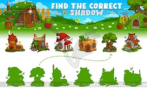 Find correct shadow of cartoon fairy house, game - vector image