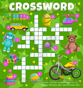 Cartoon kids toys crossword worksheet, game grid - vector clipart