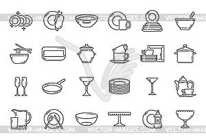 Kitchen plates, dishes and utensil outline icons - vector image