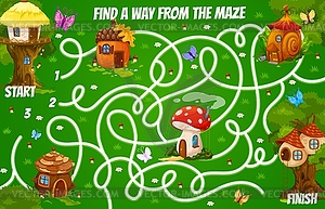 Labyrinth maze with cartoon fairy and gnome houses - vector image